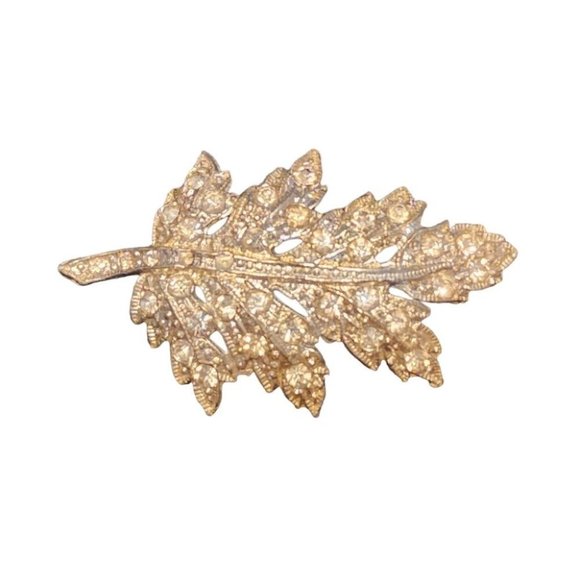undefined Jewelry - Brooch Leaf Silver Color With Clear Rhinestones